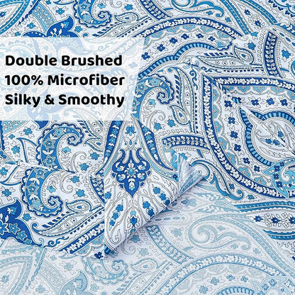 Softan Blue Paisley Printed Bed Sheets King Size, Floral Sheet Set King, Brushed Polyester Microfiber Fitted Sheet with 15" Deep Pocket & Non-Slip Straps, Blue Flower Patterned Sheet & Pillowcase Sets