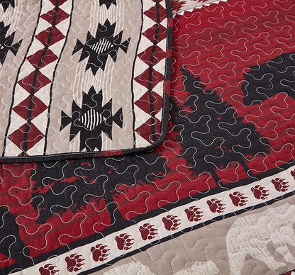 Virah Bella 3 Piece Full/Queen Cabin Quilt Bedding Set - Creekside Bear - Rustic Country Reversible Patchwork Comforter Set with Decorative Pillow Shams