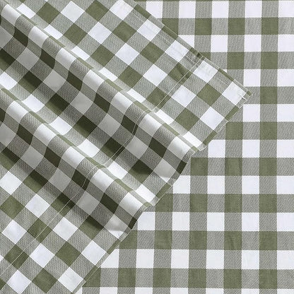 Eddie Bauer - Full Sheet Set, Crisp & Cooling Sheets w/a Naturally Smooth Cotton Percale Lightweight Feel - Matching Pillowcases & Deep Pocket Fitted Sheet (Preston Check Green)