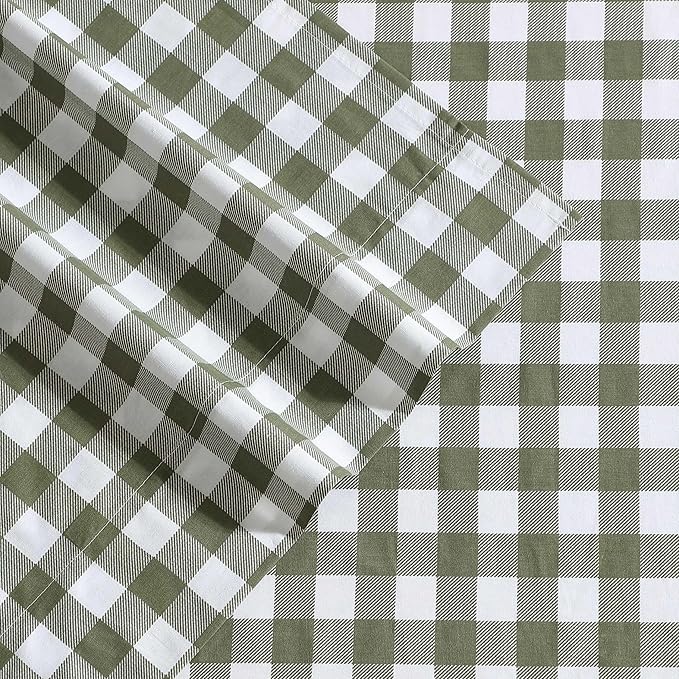Eddie Bauer - King Sheet Set, Crisp & Cooling Sheets w/a Naturally Smooth Cotton Percale Lightweight Feel - Matching Pillowcases & Deep Pocket Fitted Sheet (Preston Check Green)