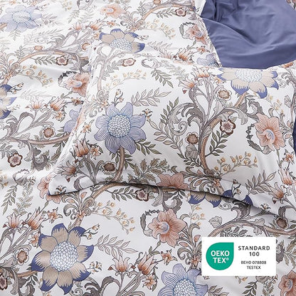 Bedsure Duvet Cover Queen Size - Reversible Blue Floral Duvet Cover Set with Zipper Closure, 3 Pieces Blossom Patterned Bedding Set with 8 Corner Ties and 2 Pillow Shams 20"x26"