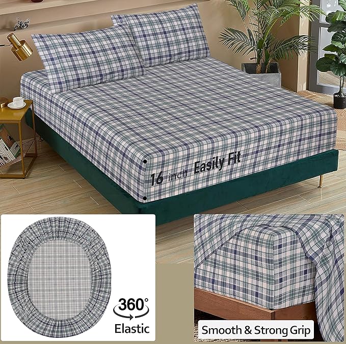 RUVANTI 100% Cotton Sheets – Queen Size Percale Bedding, Cooling & Breathable Floral Design, Durable with a Crisp, Soft & Comfortable Feel, 16" Deep Pocket, 4-Piece Set, Greenish Blue Plaid