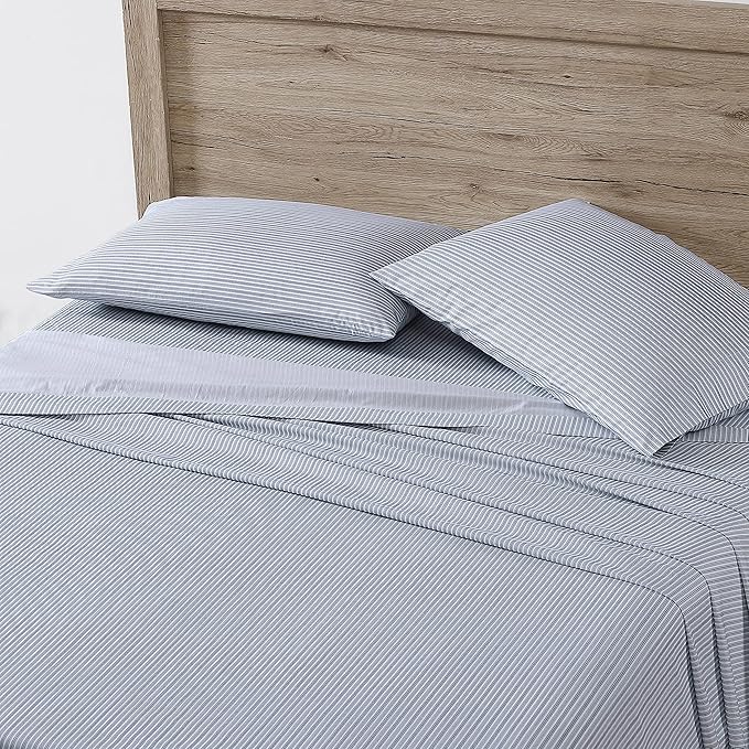 Eddie Bauer - Queen Sheets, Cotton Percale Bedding Set, Crisp & Cool Home Decor (Ticking Stripe Light Blue, Queen)