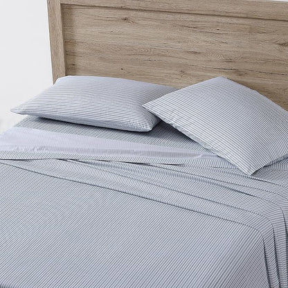 Eddie Bauer - Queen Sheets, Cotton Percale Bedding Set, Crisp & Cool Home Decor (Ticking Stripe Light Blue, Queen)