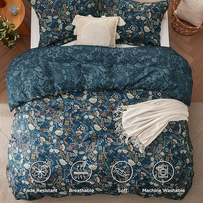 Bedsure Duvet Cover Queen Size - Reversible Floral Duvet Cover Set with Zipper Closure, 3 Pieces Navy Blue Bedding Set with 8 Corner Ties and 2 Pillow Shams 20"x26"
