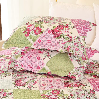 Cmfshape Summer Floral Queen Quilted Bedspread,Romantic Pink Quilt Set Bedding,Reversible Stitched Bedding Set All Season,Soft Lightweight Coverlet with Pillow Cases (Pink&Green, Queen90 x90)