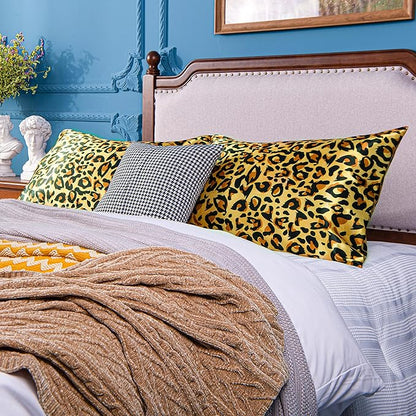 NTBAY 2 Pack Satin Queen Pillowcases for Hair and Skin, Luxurious and Silky Leopard Printed Pillow Cases with Envelope Closure, 20x30 Inches, Yellow and Black
