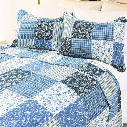 Cmfshape Summer Floral King Quilted Bedspread,Romantic Pink Quilt Set,Reversible Stitched Bedding Cover All Season,Soft Lightweight Coverlet with Pillow Cases (Blue&White, King(102"x90"))