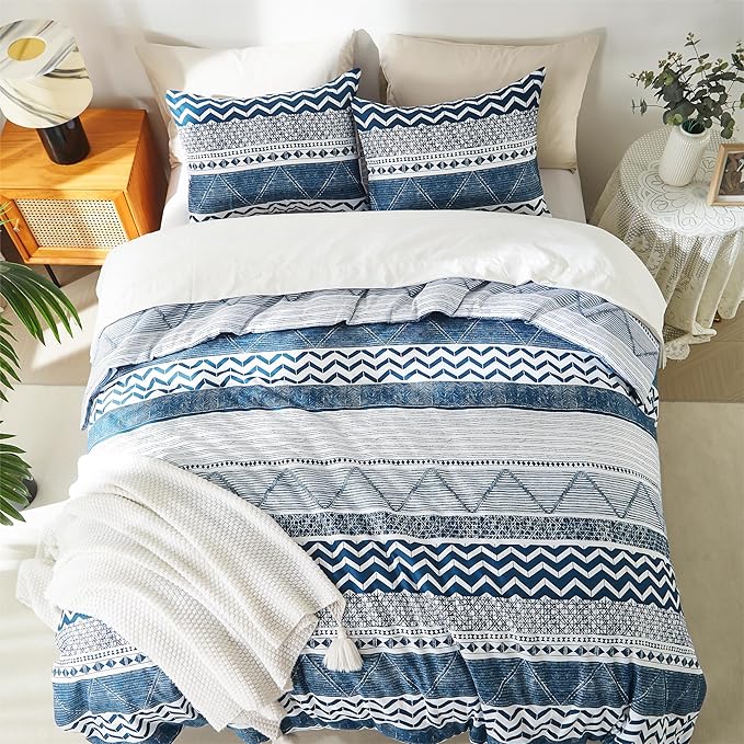 BOLINLIVING Twin Comforter Set Kids, Boho Stripe Comforter Set Twin Size, Twin Bed in a Bag Soft Bohomian Bedding Lightweight Breathable for All Seasons (Blue 66×90 inch)