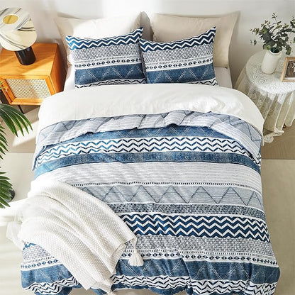 BOLINLIVING Twin Comforter Set Kids, Boho Stripe Comforter Set Twin Size, Twin Bed in a Bag Soft Bohomian Bedding Lightweight Breathable for All Seasons (Blue 66×90 inch)