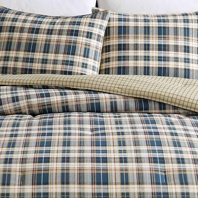 Eddie Bauer - Queen Comforter Set, Reversible Cotton Bedding with Matching Shams, Home Decor for All Seasons (Port Gamble Blue, Queen)