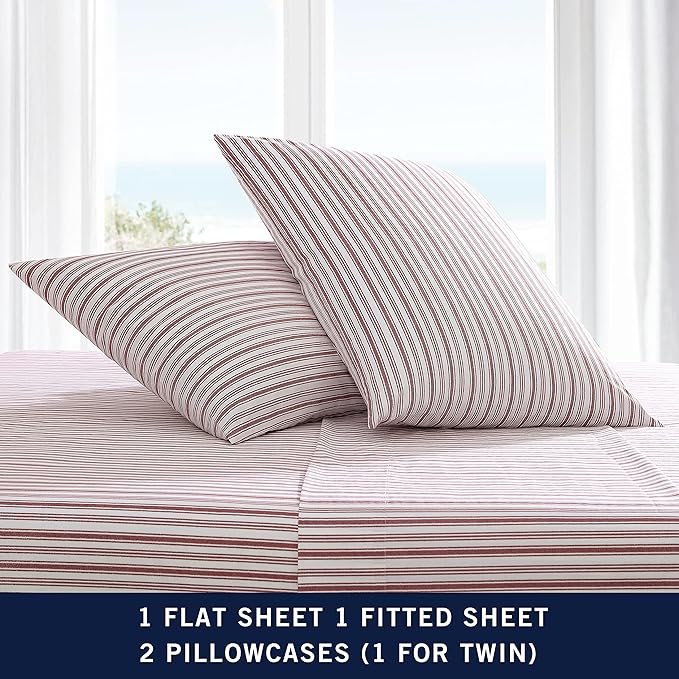 Nautica - King Sheets, Cotton Percale Bedding Set, Casual Home Decor (Coleridge Stripe Red, King)