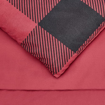 Amazon Basics Full/Queen Comforter Set with Sheets, 5-Piece Red Buffalo Plaid Bedding, Lightweight Microfiber Bed-in-a-Bag