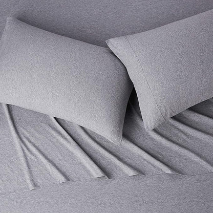 Amazon Basics 4 Piece Breathable 100% Cotton Jersey Knit Bed Sheet Set, Includes Flat and Fitted Sheets, Pillowcase, Stretchy, Full, Light Gray, Solid