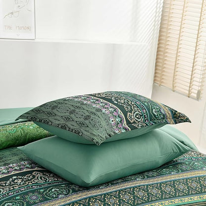 Boho Green Comforter Set Full Size,8 Piece Bed in a Bag Bohemian Striped Bedding Quilt Set,Dark Green Paisley Floral Comforter and Sheet Set,Soft Microfiber Complete Bedding Sets for All Season