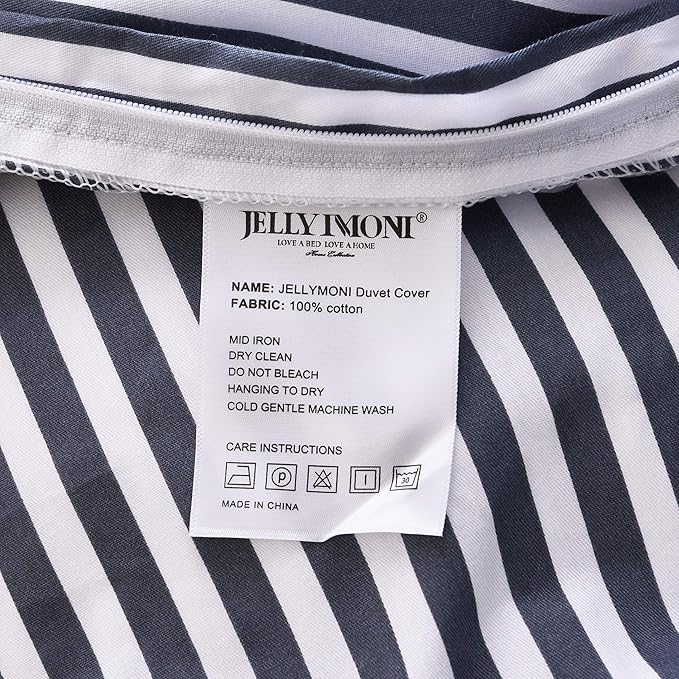 JELLYMONI 100% Natural Cotton 3pcs Striped Duvet Cover Sets,White with Navy Blue Stripes Pattern Printed Comforter Cover,with Zipper Closure & Corner Ties(Queen Size)