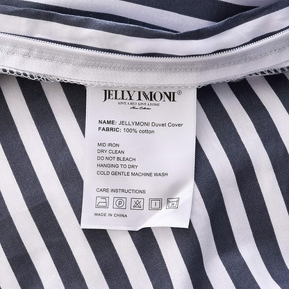 JELLYMONI 100% Natural Cotton 3pcs Striped Duvet Cover Sets,White with Navy Blue Stripes Pattern Printed Comforter Cover,with Zipper Closure & Corner Ties(Queen Size)