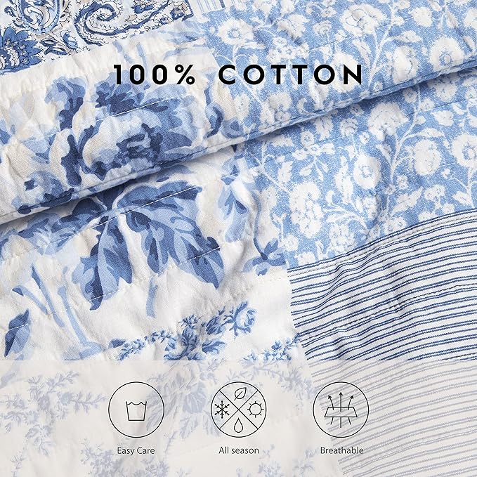 Floral patterned fabric with '100% Cotton' text and care icons on a white background