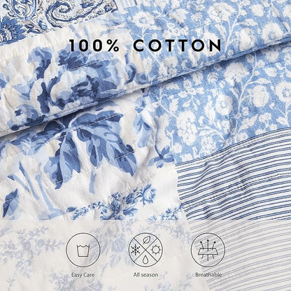 Laura Ashley - Twin Quilt Set, Reversible Cotton Bedding with Matching Sham, Medium-Weight for Year Round Use, Dorm Essentials (Paisley Printed Patchwork Blue)