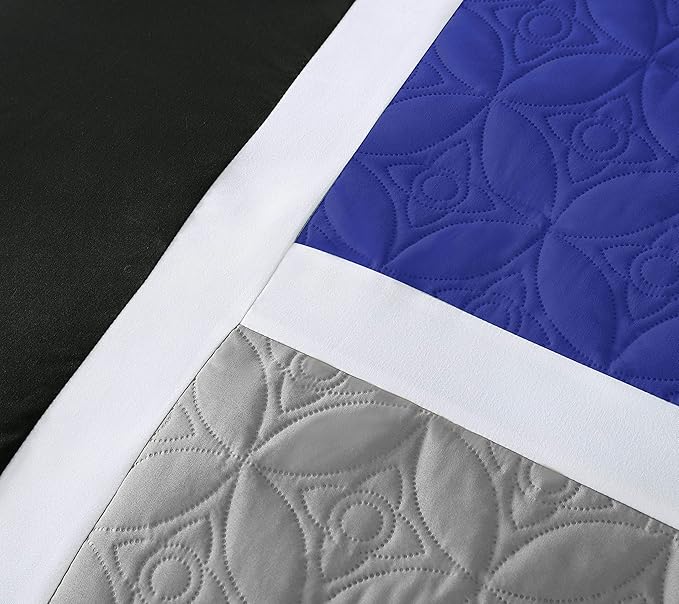 Chezmoi Collection Upland 7-Piece Quilted Patchwork Comforter Set, Blue/Black/Gray, California King