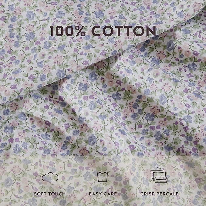 Laura Ashley - Full Sheets, Cotton Percale Bedding Set, Lightweight & Breathable Home Decor, Dorm Room Essentials (Emogene Purple, Full)