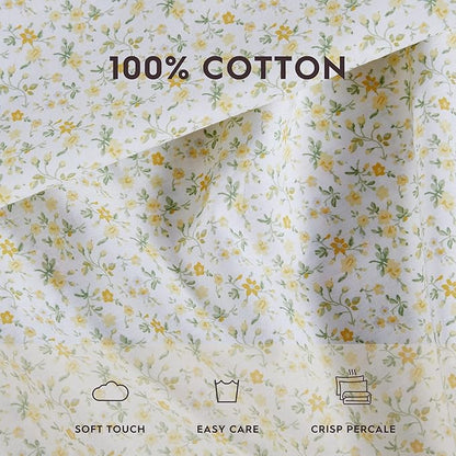 Floral patterned fabric with '100% Cotton' text and icons indicating soft touch, easy care, and crisp percale.
