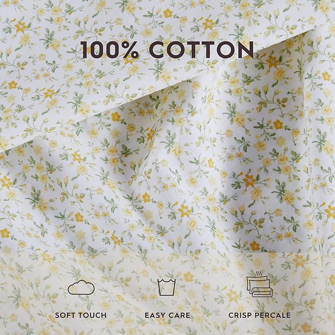 Laura Ashley - King Sheets, Cotton Percale Bedding Set, Lightweight & Breathable Home Decor (Evie Yellow, King)
