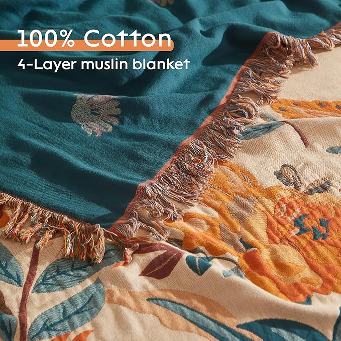 Boho Throw Blanket for Bed 90”x108”, 100% Cotton Woven Blanket for Couch Sofa, Ultra Soft 4-Layer Muslin Quilt with Floral Printed, Farmhouse Bed Blanket/Cover for Living Room Decor