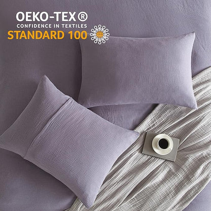 SE SOFTEXLY Muslin Duvet Cover King Size, 100% Washed Cotton Duvet Cover Set, Ultra Soft Comforter Cover Linen Like, 3 Pieces Minimalist Gauze Duvet Cover with 2 Pillowcases, 90"x104", Purple Grey