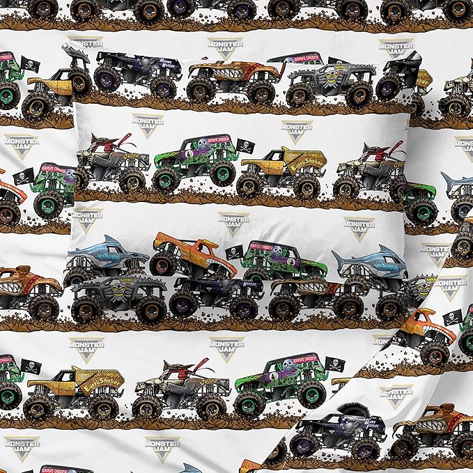 Pattern of monster trucks on a white background with 'Monster Jam' branding.