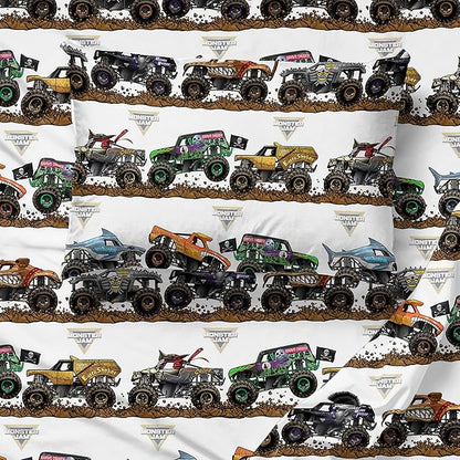 Jay Franco Kids Sheet Set with Fitted, Flat Sheets & Pillow Cover - Ultra-Soft Bedding with Pillowcase for Room Decor, Multi - Monster Jam, 4 Piece Full