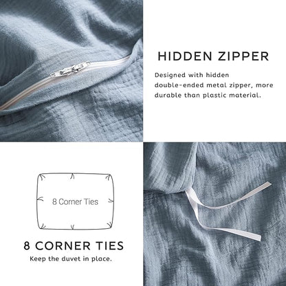 SE SOFTEXLY Muslin Duvet Cover Queen Size, 100% Washed Cotton Duvet Cover Set, Ultra Soft Comforter Cover Linen Like, 3 Pieces Minimalist Gauze Duvet Cover with 2 Pillowcases, 90"x90", Blue