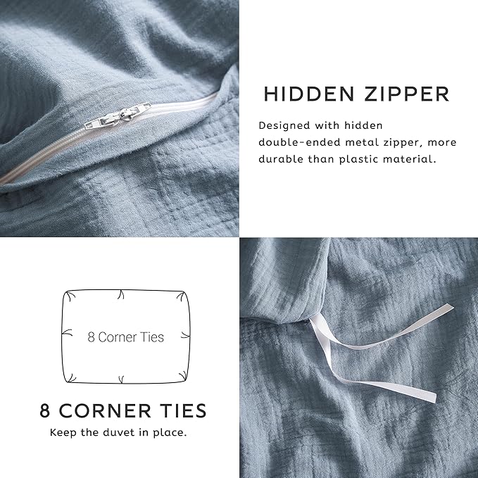 SE SOFTEXLY Muslin Duvet Cover Queen Size, 100% Washed Cotton Duvet Cover Set, Ultra Soft Comforter Cover Linen Like, 3 Pieces Minimalist Gauze Duvet Cover with 2 Pillowcases, 90"x90", Blue