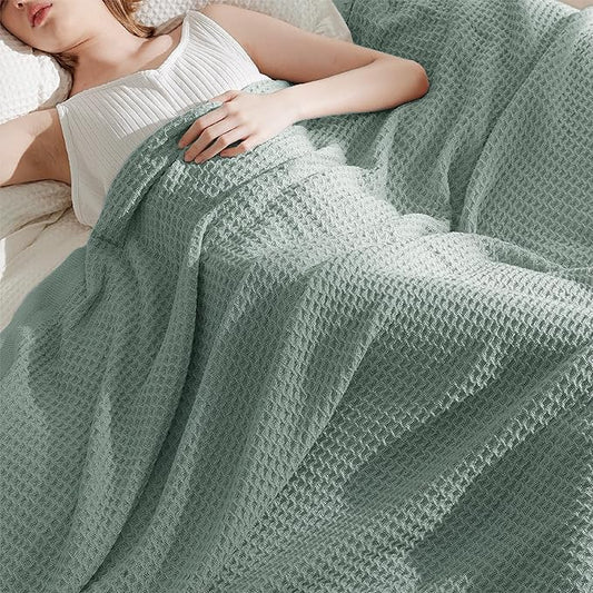 Bedsure Gentlesoft 100% Cotton Throw Blanket for Couch 50x70 inches - Cooling Breathable and Soft for Spring Summer, Waffle Weave Throw Blanket for Office, Sage Green