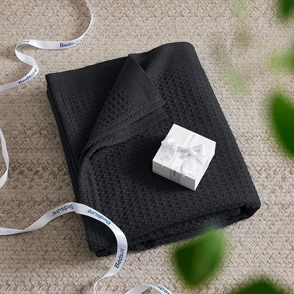 Bedsure Gentlesoft 100% Cotton Throw Blanket for Couch 50x70 inches - Cooling Breathable and Soft for Spring Summer, Waffle Weave Throw Blanket for Office, Black