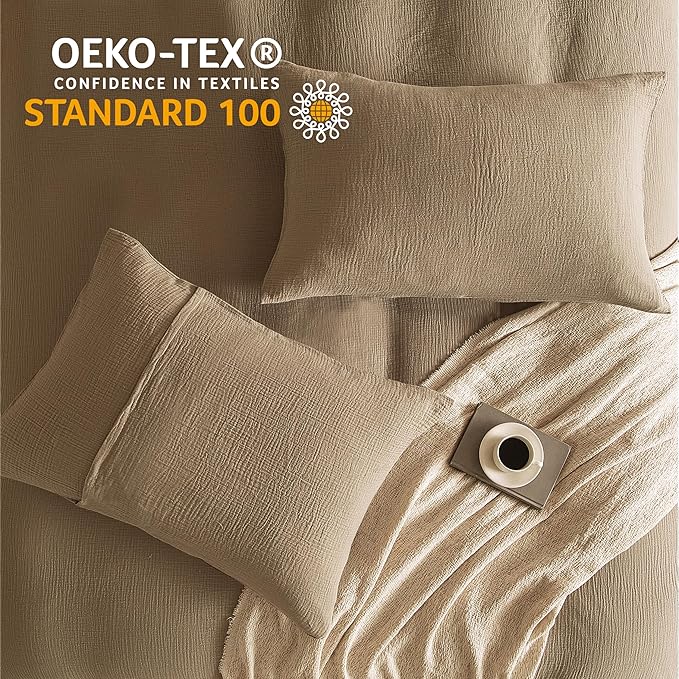 SE SOFTEXLY Muslin Duvet Cover California King Size, 100% Washed Cotton Duvet Cover Set, Ultra Soft Comforter Cover Linen Like, 3 Pieces Gauze Duvet Cover with 2 Pillowcases, 98"x104", Light Brown