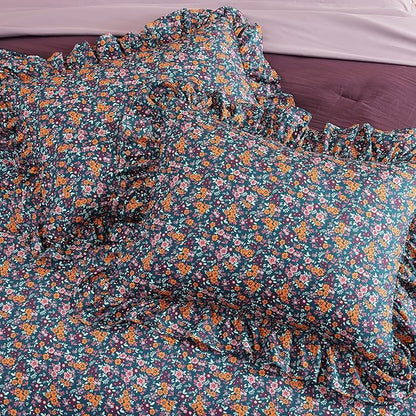 King Comforter Set - 7 Pieces Ruffle Purple Ditzy Bedding Sets, Shabby Chic Farmhouse Bed in a Bag with Ruffle Comforter, Sheets, Pillowcases & Shams
