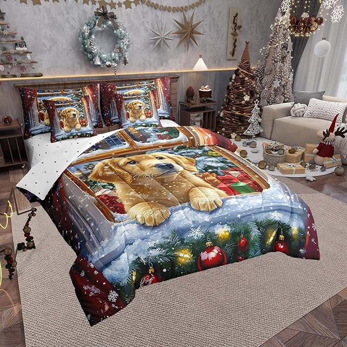 Decorative bedspread with a Christmas theme featuring a dog and presents on a bed in a festive room.