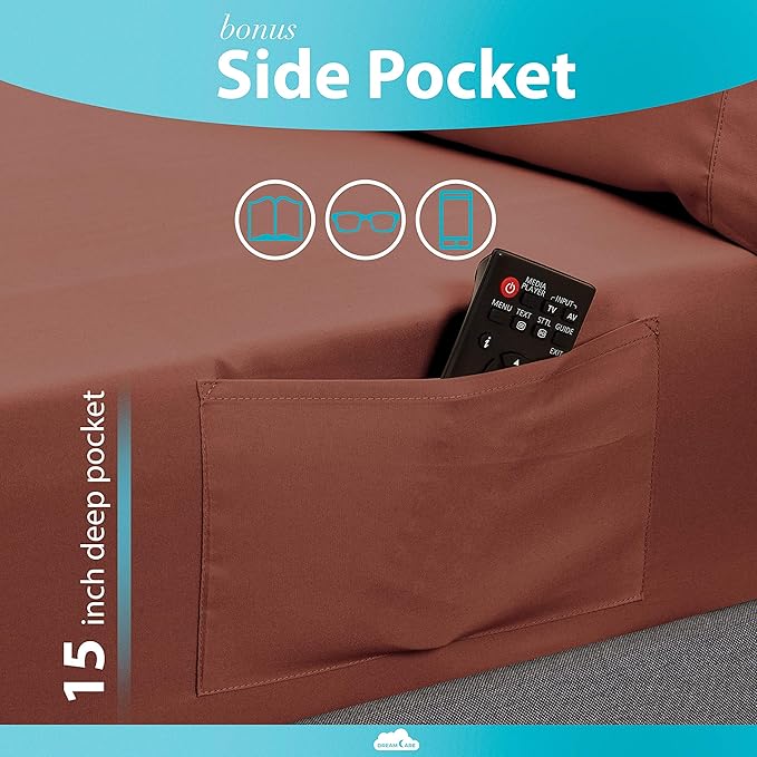 DREAMCARE Twin Sheets - Cooling Bed Sheets - 4pc Set - Deep Pocket - Soft & Long Lasting 100% Polyester with Side Pocket - Brown