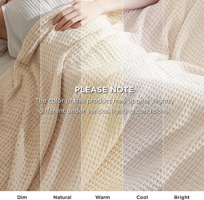 Bedsure Gentlesoft 100% Cotton Blanket Queen Size for Bed - Breathable and Soft for Spring Summer, Thick Cozy Waffle Weave Blanket Gifts for Women, Yellowish Cream, 90x90 Inches