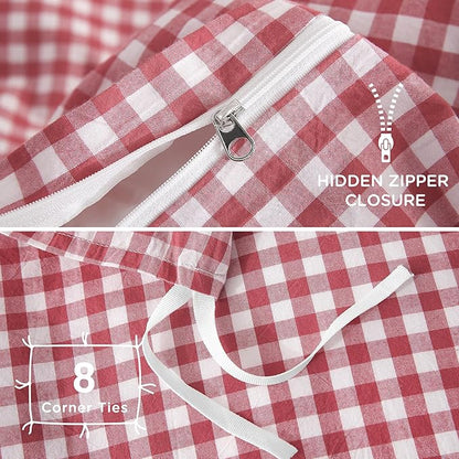 TOCOMOA Red Gingham Duvet Cover Bedding Set 100% Washed Cotton Like Linen Feel Super Soft Comfortable 3 Piece Cute Plaid Checkered Comforter Cover Set (King 104"x90", Comforter Not Included)