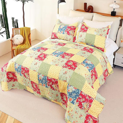 Cmfshape Summer Floral Queen Quilted Bedspread,Romantic Pink Quilt Set,Reversible Stitched Bedding Cover All Season,Soft Lightweight Coverlet with Pillow Cases (Yellow&Green, Queen(90"x90"))