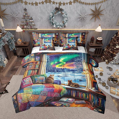 Bedding set with a scenic design of a window view, cats, and books on a bed in a decorated room.