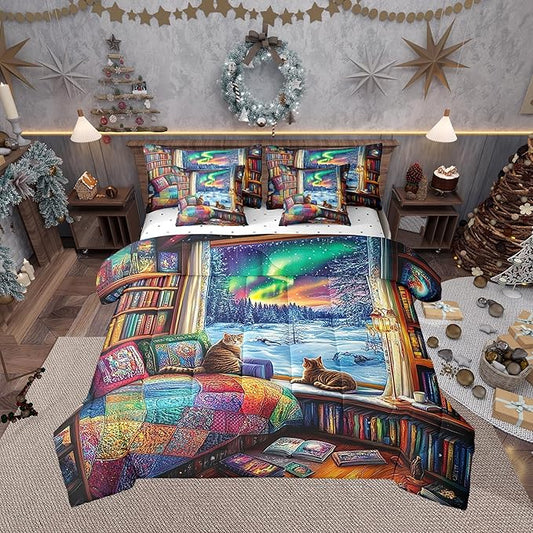 Castle Fairy Farmhouse Style Full Comforter Set with Sheets Bed in a Bag 7 Pcs,Kawaii Cat Winter Bed Set,Rainbow Galaxy Sky Bedding Sets with Comforter,Flat,Fitted Sheet,Pillowcases,Pillow Covers
