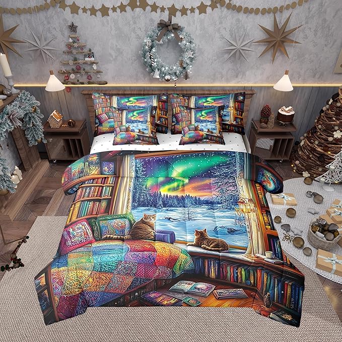 Castle Fairy Farmhouse Style King Comforter Set with Sheets Bed in a Bag 7 Pcs,Kawaii Cat Winter Bed Set,Rainbow Galaxy Sky Bedding Sets with Comforter,Flat,Fitted Sheet,Pillowcases,Pillow Covers
