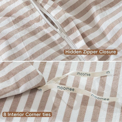 MooMee Striped Duvet Cover Set 100% Washed Cotton Linen Like Textured Breathable Durable Soft Comfy (Orange Classic Stripes, Super King 108"x98")