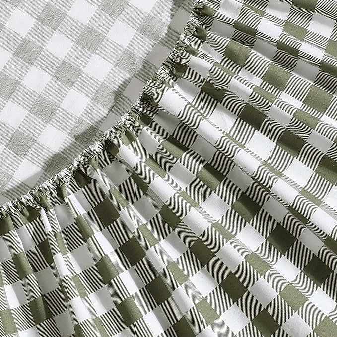 Eddie Bauer - Full Sheet Set, Crisp & Cooling Sheets w/a Naturally Smooth Cotton Percale Lightweight Feel - Matching Pillowcases & Deep Pocket Fitted Sheet (Preston Check Green)