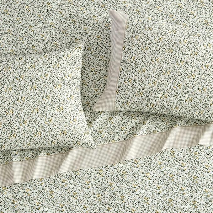 Laura Ashley - Twin Sheet Set, Breathable Percale Cotton Bedding with Deep Pockets, Chic Home Decor, Oeko-Tex Certified (Tierney Green, Twin)