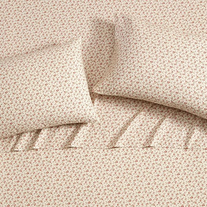 Laura Ashley - Full Sheets, Cotton Percale Bedding Set, Lightweight & Breathable Home Decor, Oeko-Tex Certified (Sweet Success Pink, Full)