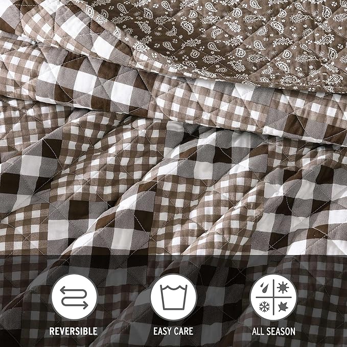 Eddie Bauer - Full/Queen Quilt Set, Reversible Bedding with Matching Shams, Patchwork Luxurious Bedding Set (Gingham Patchwork Brown, Full/Queen)